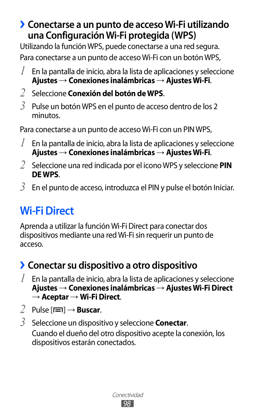 Samsung GT-S6500RWAATL Wi-Fi Direct, ››Conectar su dispositivo a otro dispositivo, Seleccione Conexión del botón de WPS 