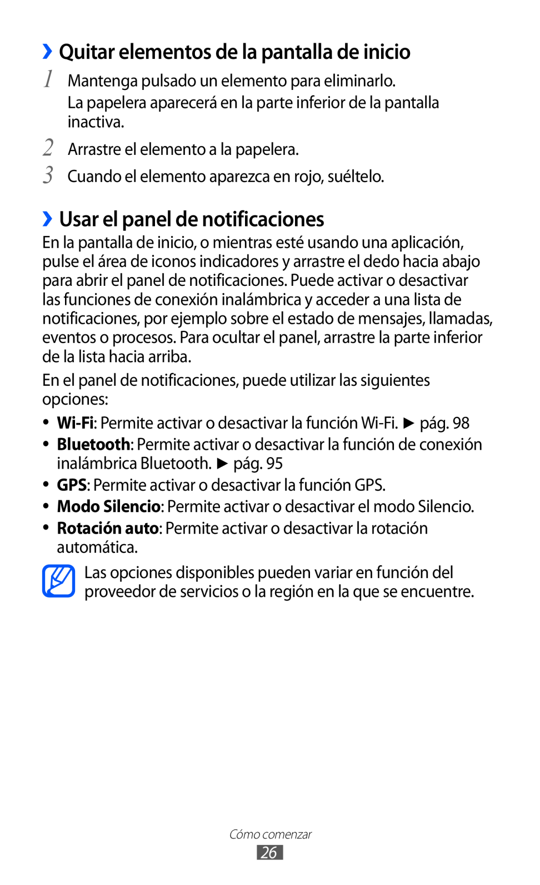 Samsung GT-S6500XKAITV, GT-S6500RWDTMN manual ››Quitar elementos de la pantalla de inicio, ››Usar el panel de notificaciones 