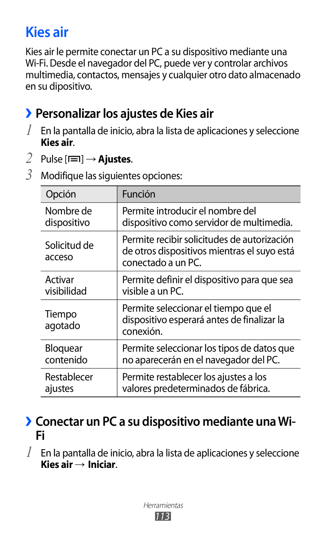 Samsung GT-S6500ZYDCOA ››Personalizar los ajustes de Kies air, ››Conectar un PC a su dispositivo mediante una Wi, 113 