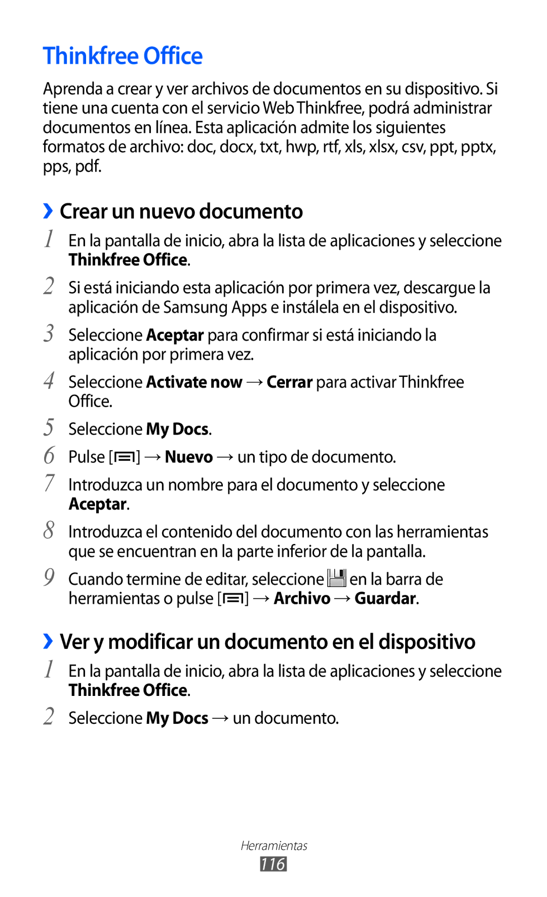 Samsung GT-S6500RWDXEC manual Thinkfree Office, ››Crear un nuevo documento, Seleccione My Docs → un documento, 116 