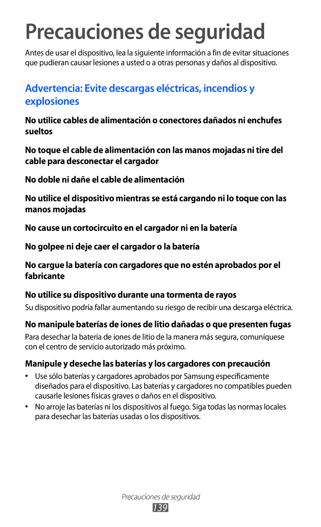 Samsung GT-S6500RWDCOA, GT-S6500RWDTMN, GT-S6500ZYDXEC, GT-S6500ZYDMOP, GT-S6500ZYDCOA manual Precauciones de seguridad, 139 