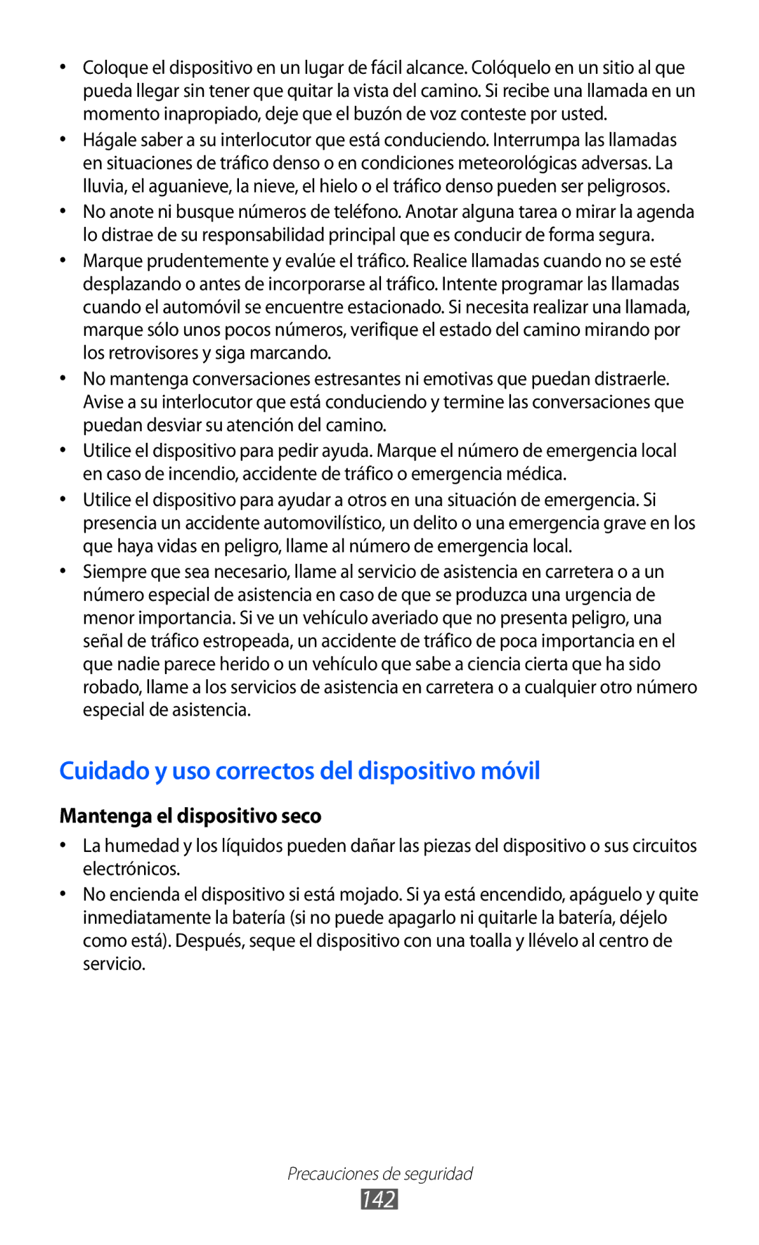 Samsung GT-S6500ZYDMOP, GT-S6500RWDTMN, GT-S6500ZYDXEC, GT-S6500ZYDCOA Cuidado y uso correctos del dispositivo móvil, 142 