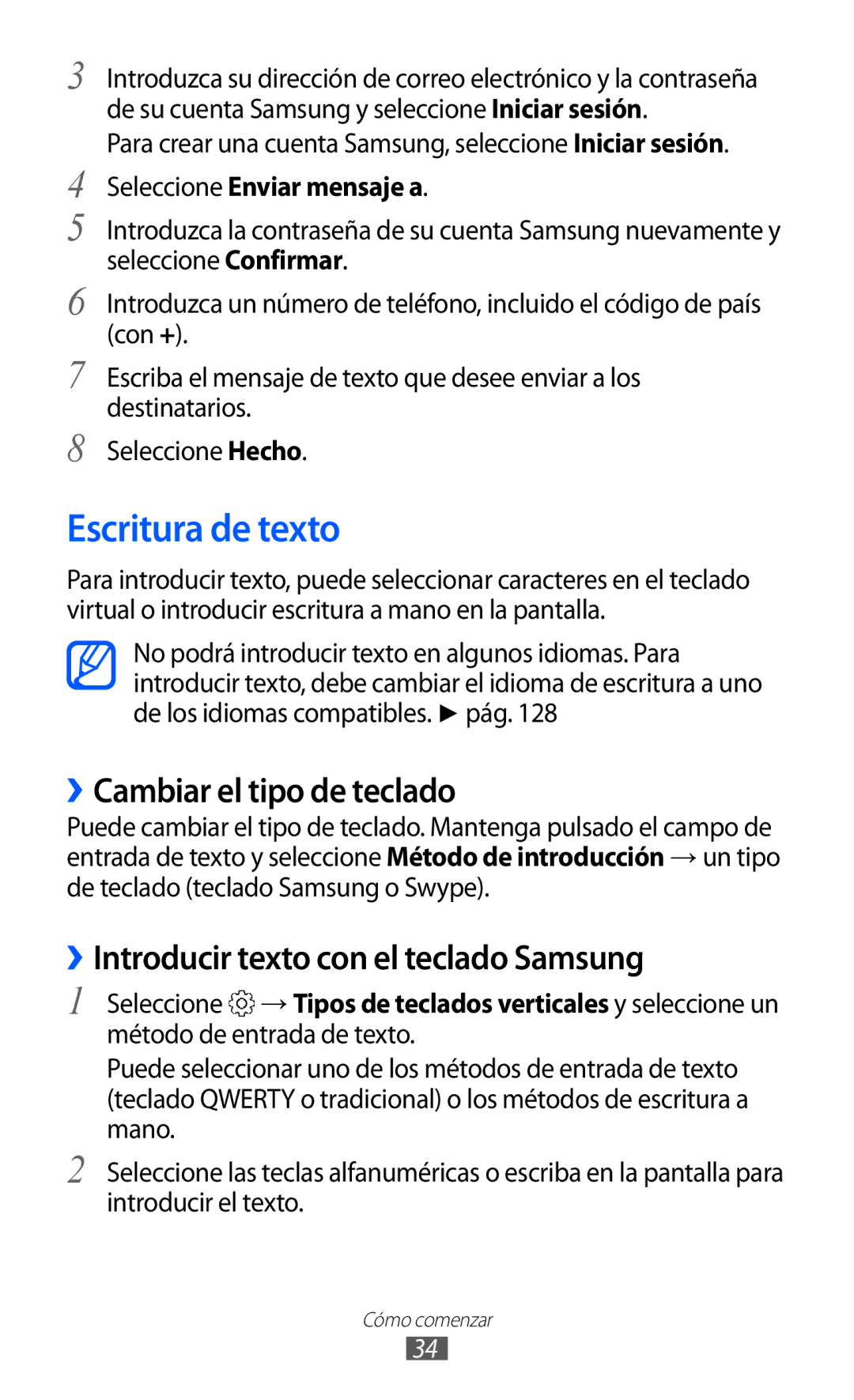 Samsung GT-S6500ZYDVDP manual Escritura de texto, ››Cambiar el tipo de teclado, ››Introducir texto con el teclado Samsung 