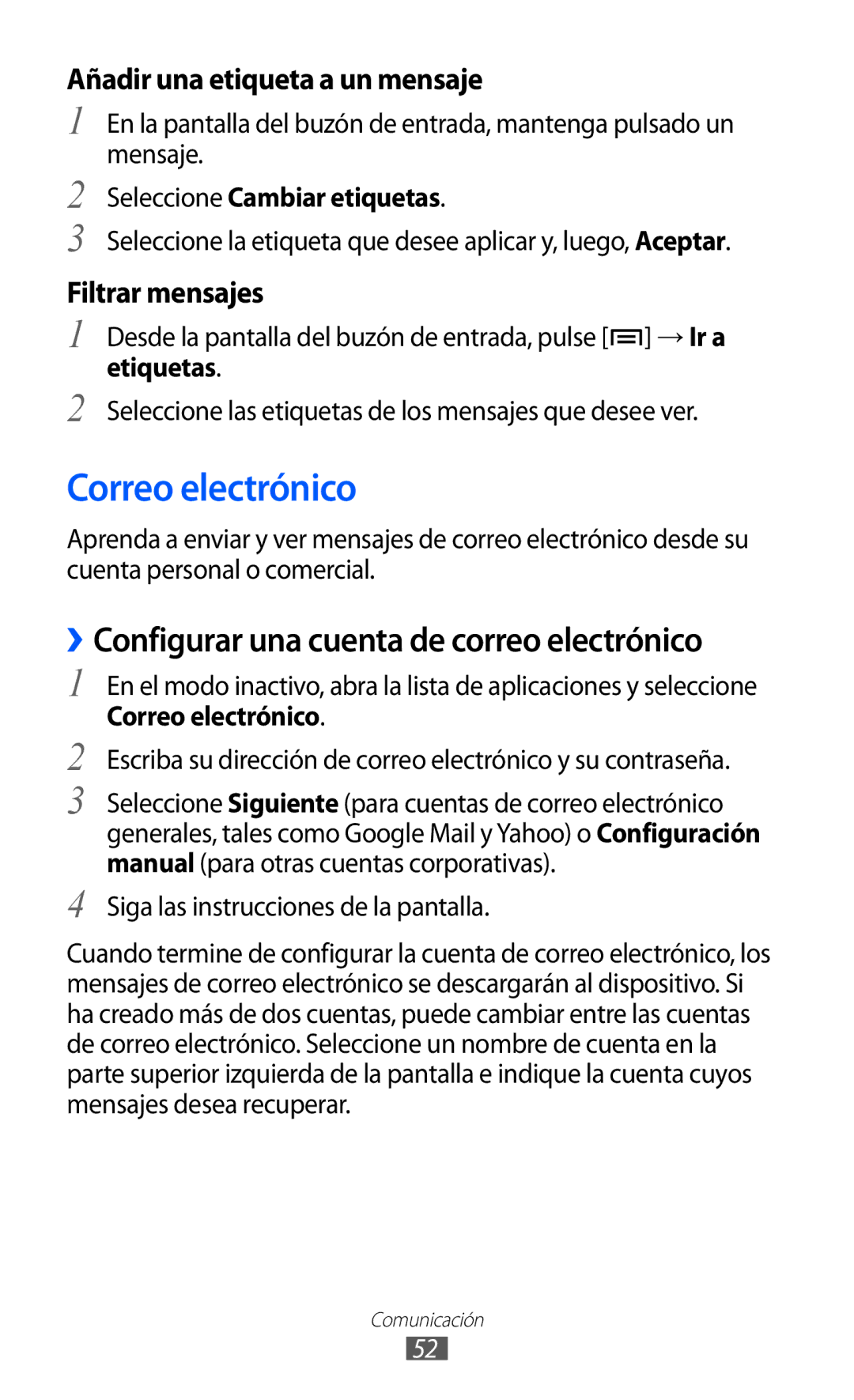 Samsung GT-S6500ZYDMOP Correo electrónico, ››Configurar una cuenta de correo electrónico, Añadir una etiqueta a un mensaje 