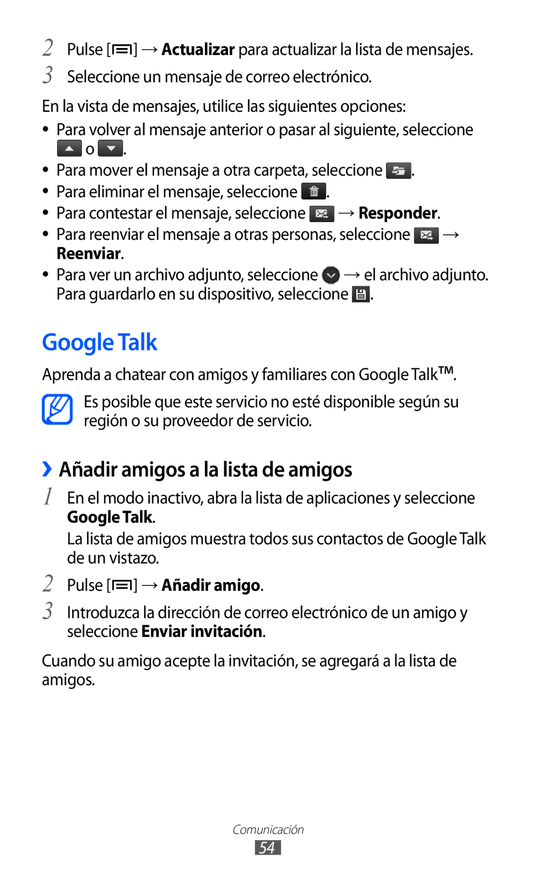 Samsung GT-S6500ZYDVDP manual Google Talk, ››Añadir amigos a la lista de amigos, → Responder, Pulse → Añadir amigo 