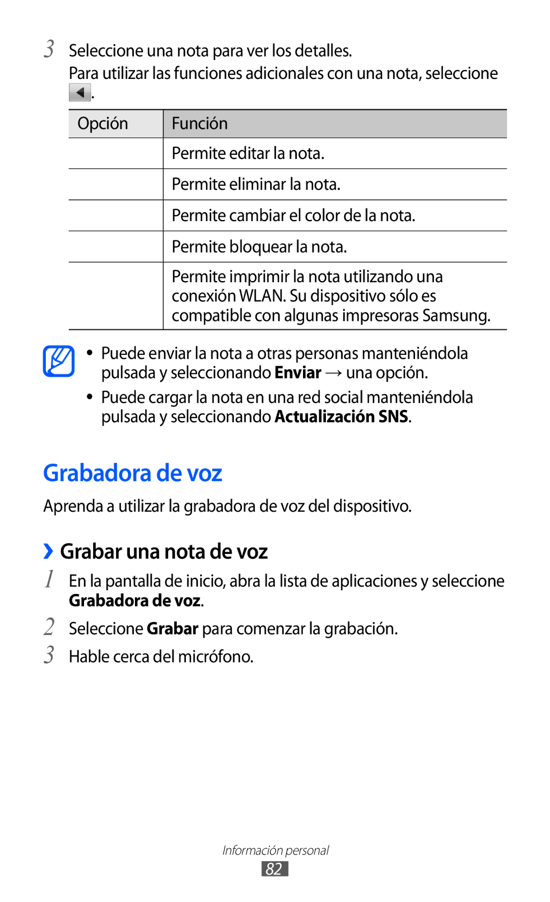 Samsung GT-S6500ZYDMOP manual Grabadora de voz, ››Grabar una nota de voz, Seleccione una nota para ver los detalles 