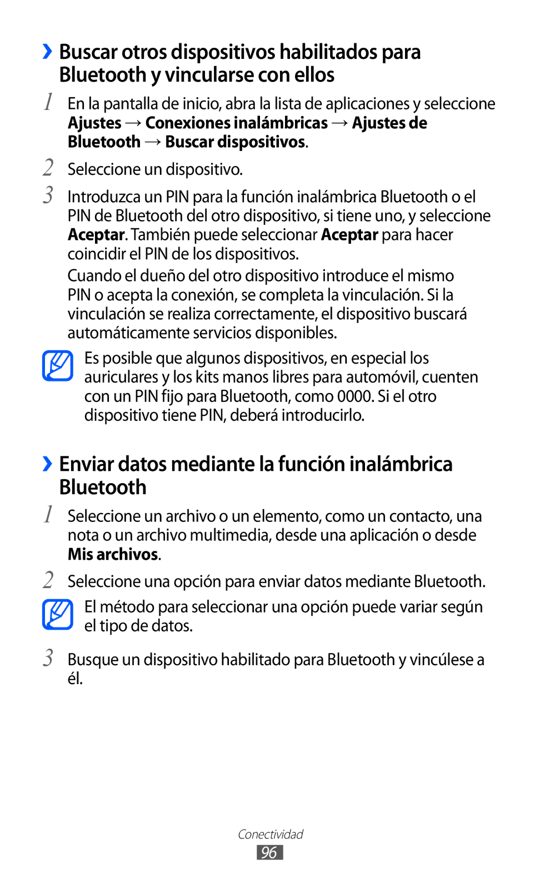 Samsung GT-S6500RWDXEC, GT-S6500RWDTMN, GT-S6500ZYDXEC manual ››Enviar datos mediante la función inalámbrica Bluetooth 