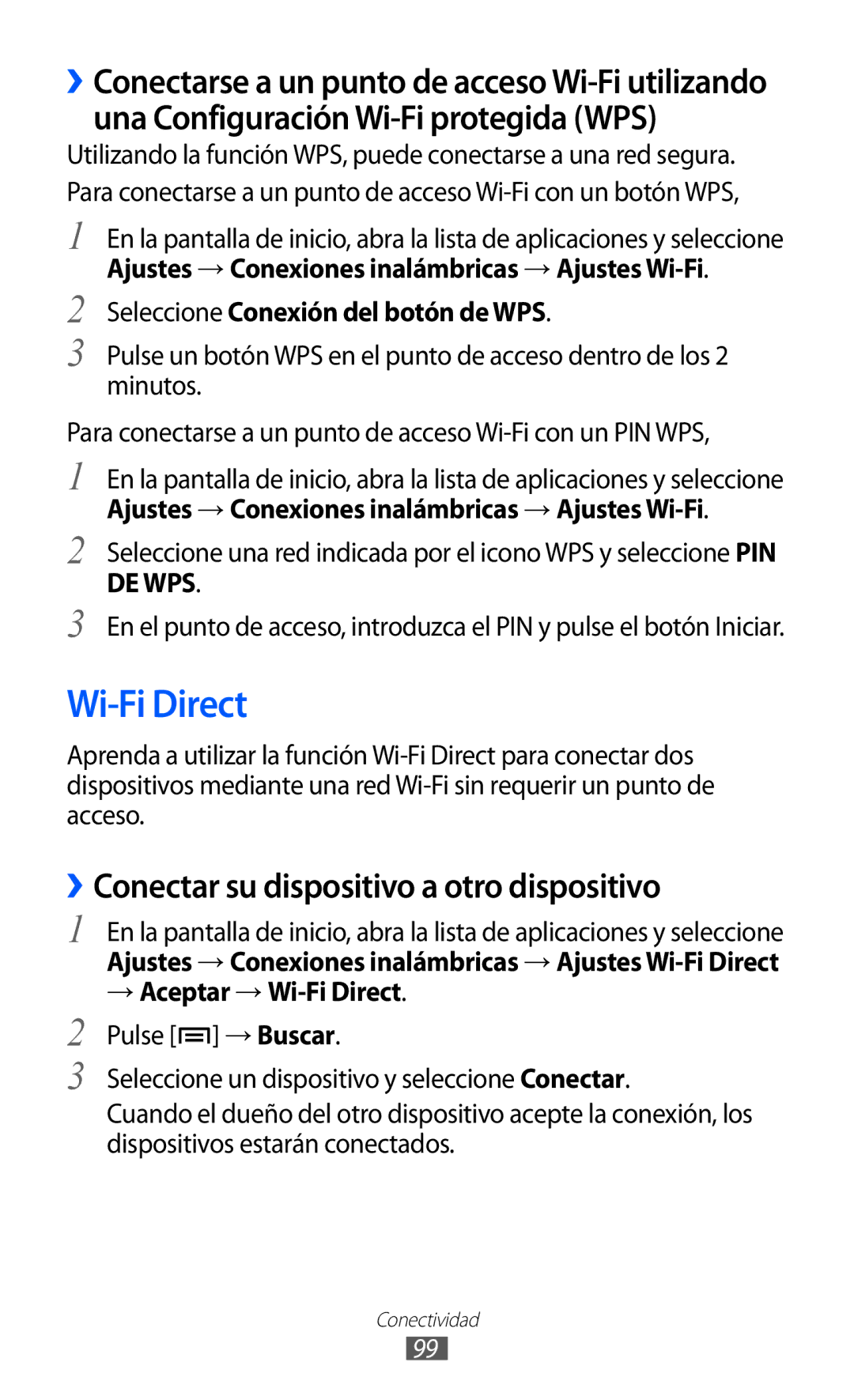 Samsung GT-S6500RWDCOA Wi-Fi Direct, ››Conectar su dispositivo a otro dispositivo, Seleccione Conexión del botón de WPS 