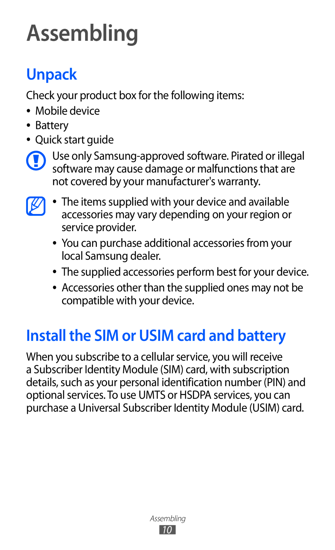 Samsung GT-S6500HAADBT, GT-S6500RWDTUR, GT-S6500HADDBT, GT-S6500RWAVGR, GT-S6500ZYDTMN, GT-S6500XKAVGR manual Assembling, Unpack 