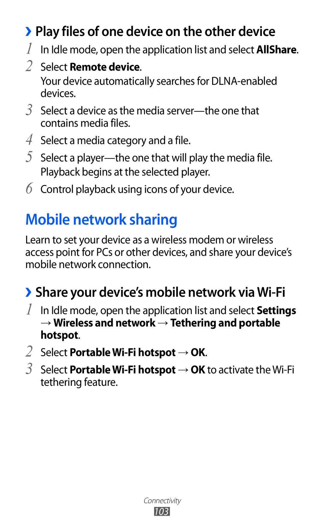 Samsung GT-S6500ZYAVDC, GT-S6500RWDTUR, GT-S6500HADDBT, GT-S6500RWAVGR manual Mobile network sharing, Select Remote device 