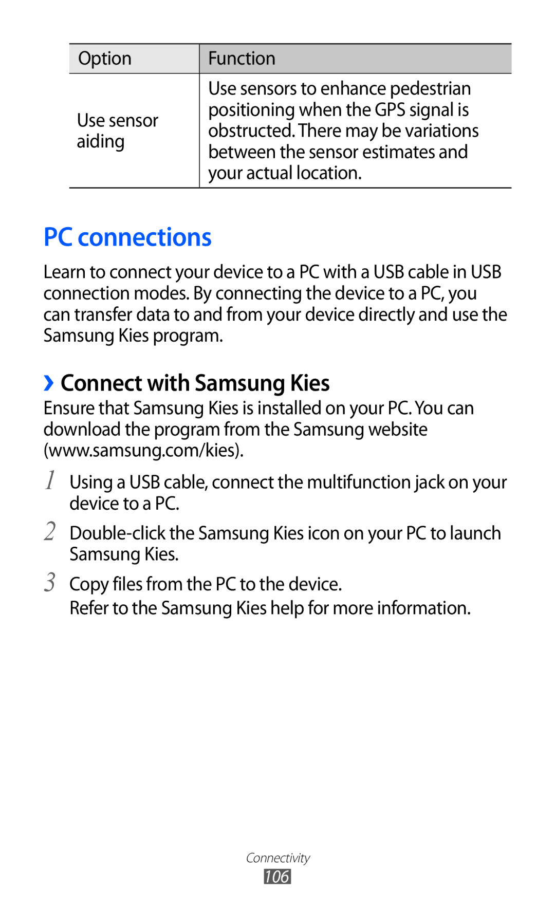 Samsung GT-S6500XKATMZ, GT-S6500RWDTUR, GT-S6500HADDBT, GT-S6500RWAVGR manual PC connections, ››Connect with Samsung Kies 