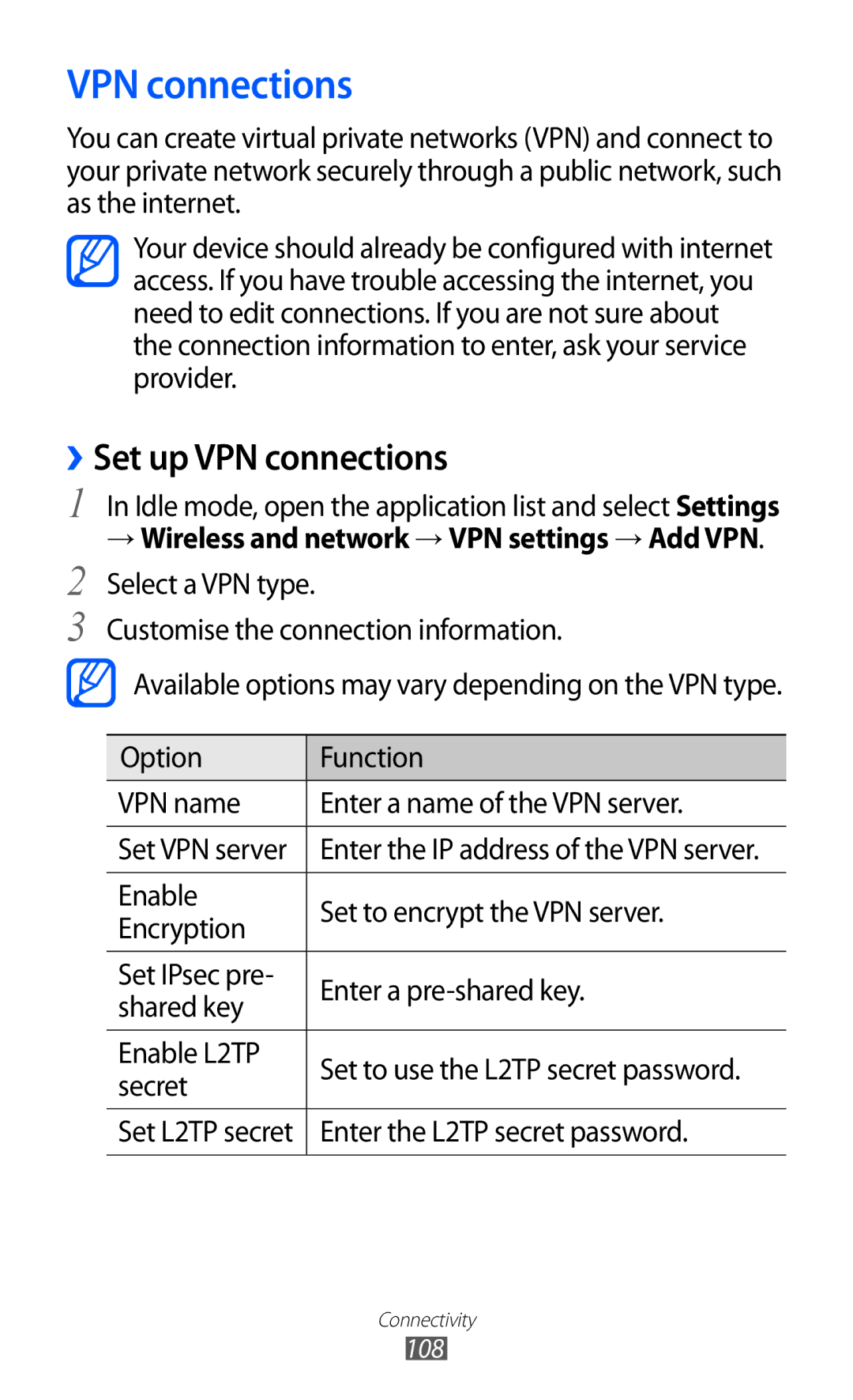 Samsung GT-S6500ZYDSEB, GT-S6500RWDTUR manual ››Set up VPN connections, → Wireless and network → VPN settings → Add VPN 