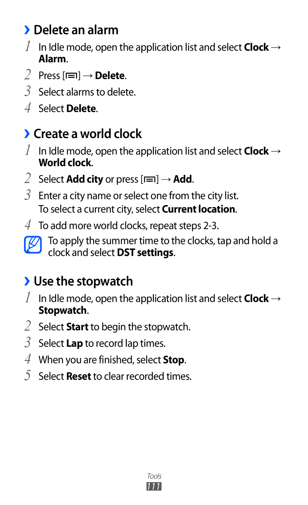 Samsung GT-S6500HADVGR manual ››Delete an alarm, ››Create a world clock, ››Use the stopwatch, World clock, Stopwatch 