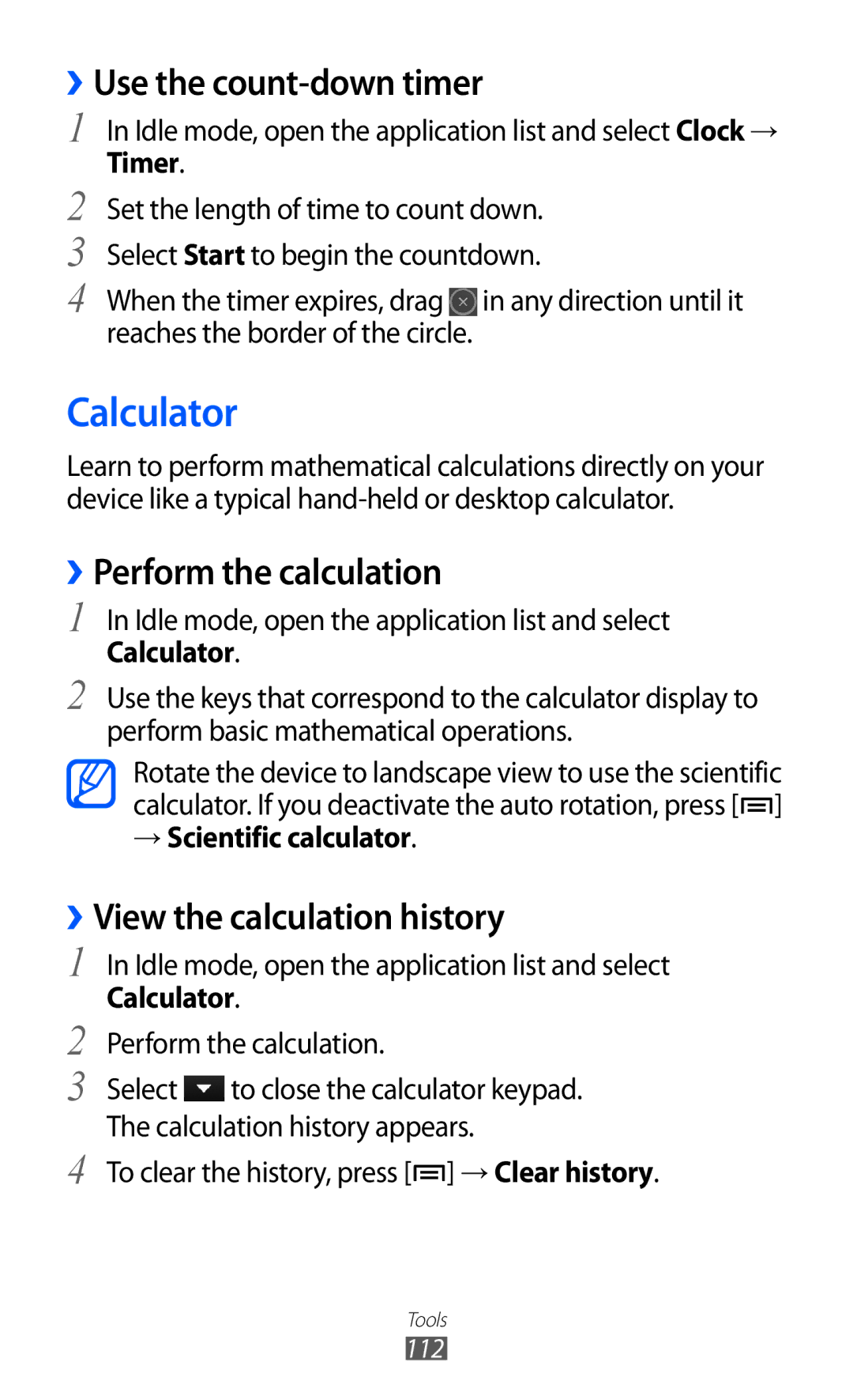 Samsung GT-S6500ZYAVGR Calculator, ››Use the count-down timer, ››Perform the calculation, ››View the calculation history 