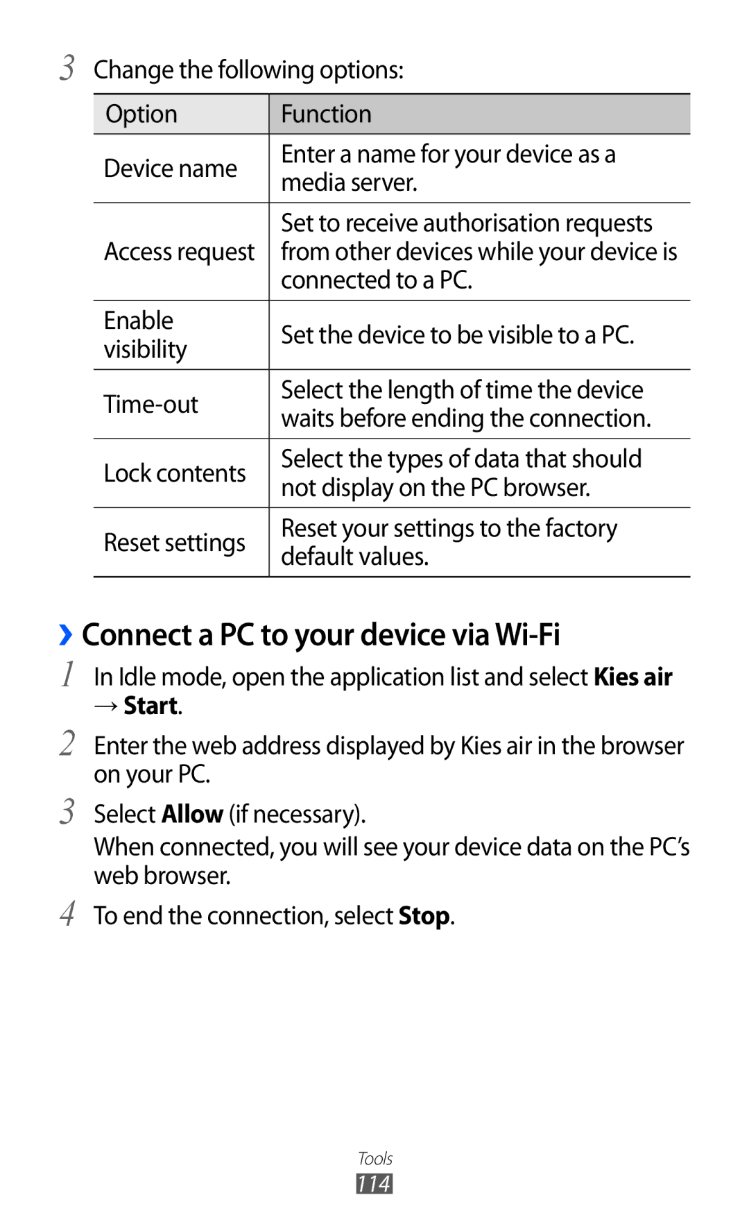 Samsung GT-S6500HAAVGR, GT-S6500RWDTUR, GT-S6500HADDBT, GT-S6500RWAVGR manual ››Connect a PC to your device via Wi-Fi 