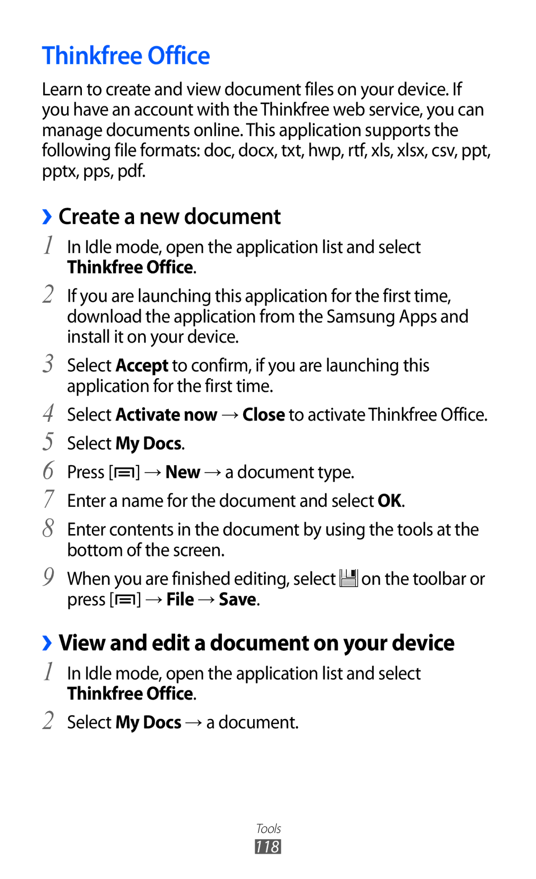 Samsung GT-S6500RWAVGR Thinkfree Office, ››Create a new document, ››View and edit a document on your device, → File → Save 