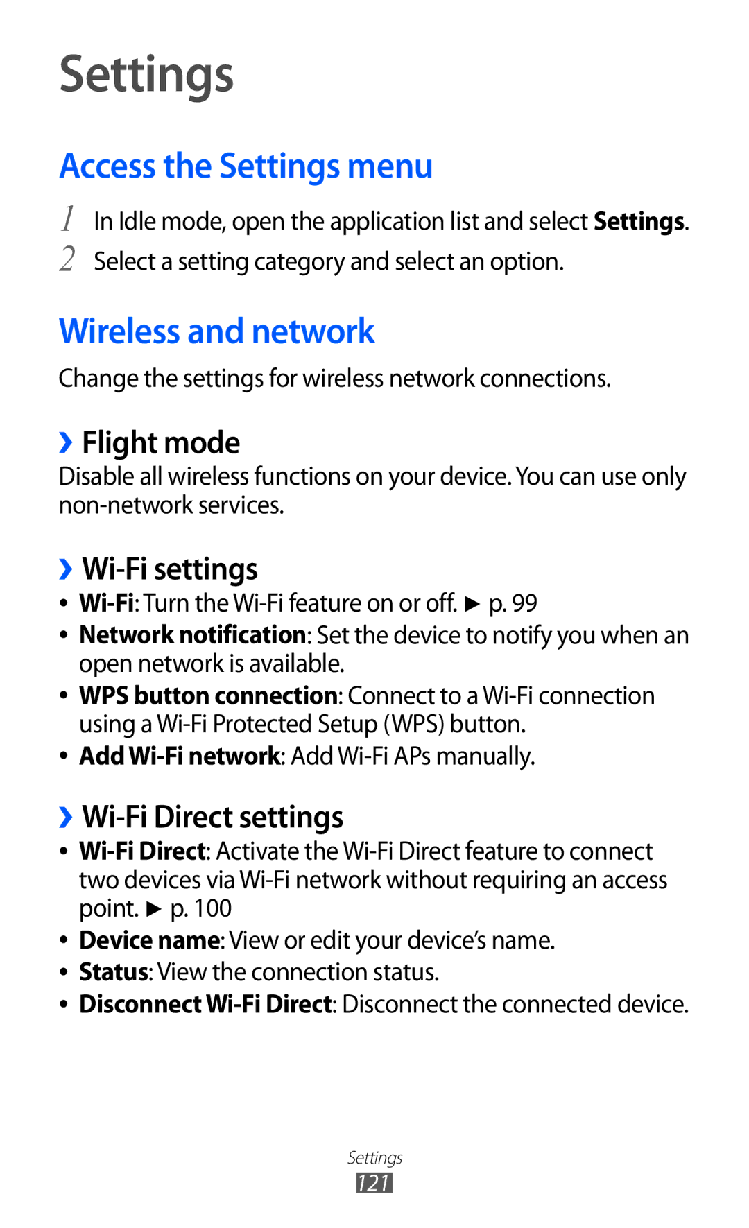 Samsung GT-S6500XKAATO, GT-S6500RWDTUR, GT-S6500HADDBT, GT-S6500RWAVGR Access the Settings menu, Wireless and network 