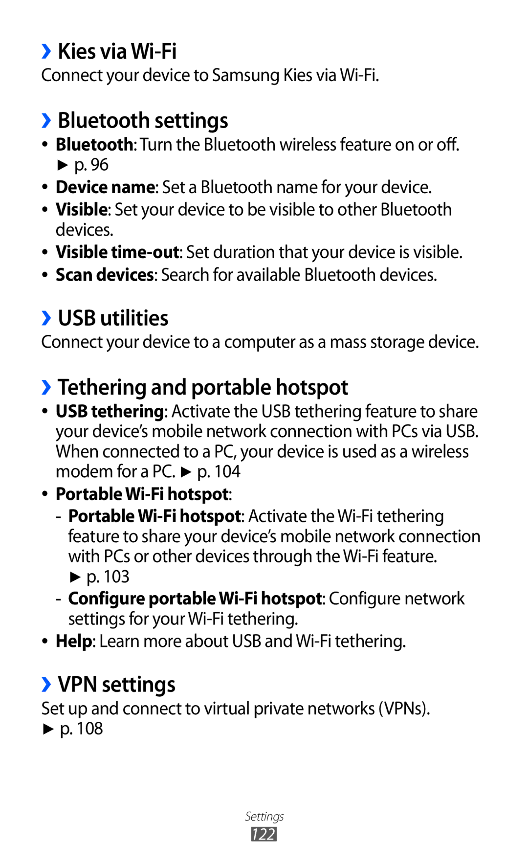 Samsung GT-S6500RWDTMN manual ››Kies via Wi-Fi, ››Bluetooth settings, ››USB utilities, ››Tethering and portable hotspot 