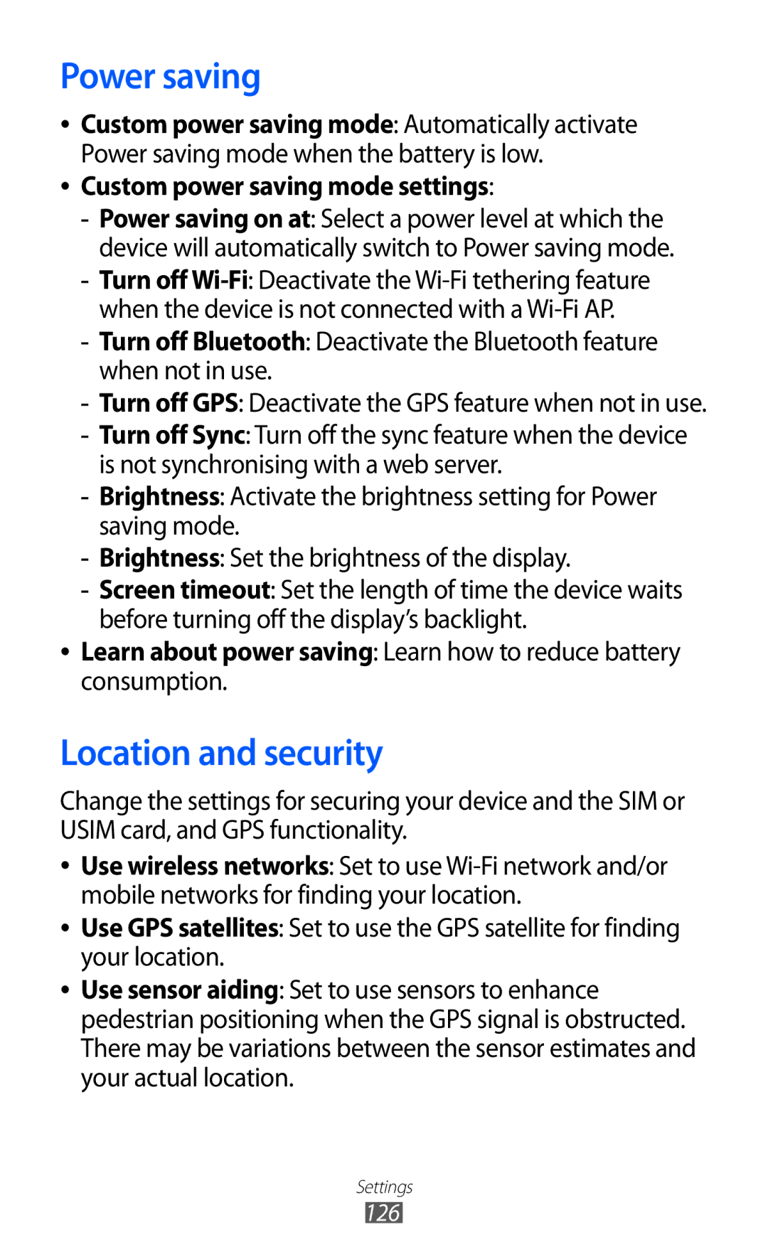 Samsung GT-S6500HAADBT, GT-S6500RWDTUR manual Power saving, Location and security, Custom power saving mode settings 