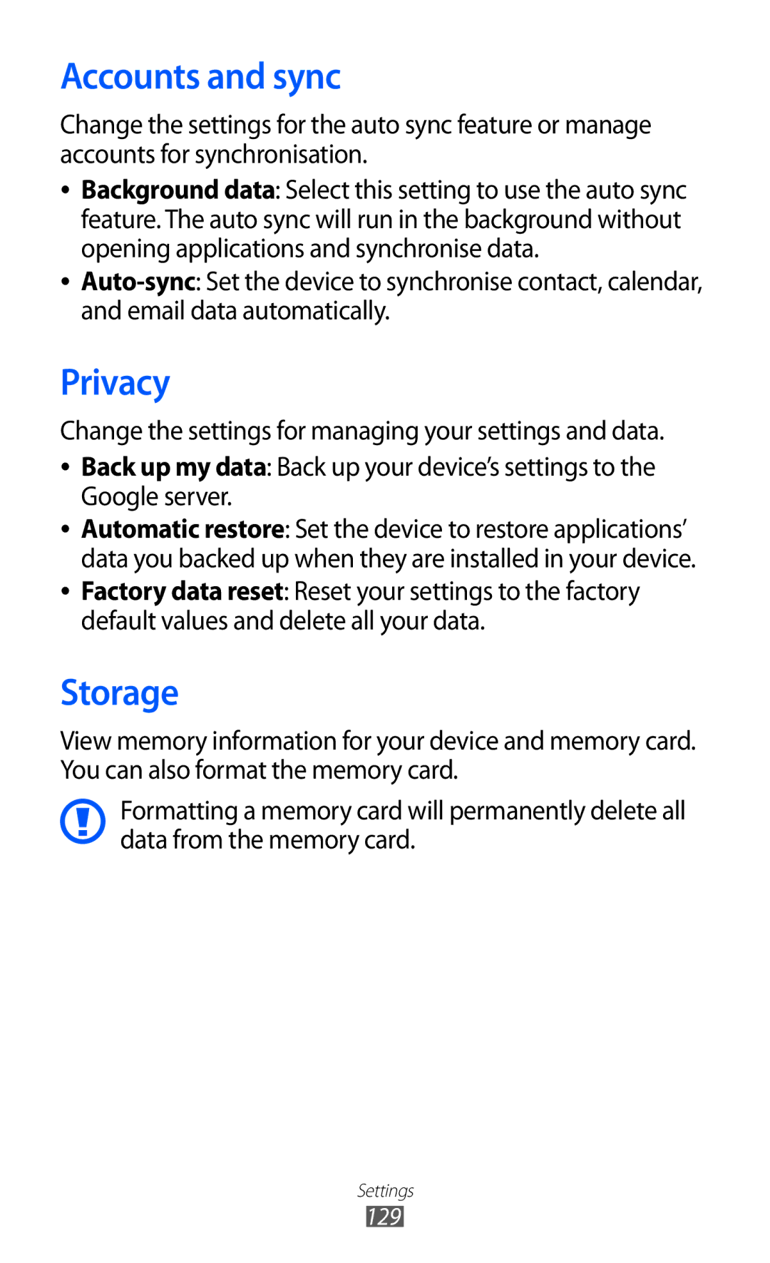 Samsung GT-S6500ZYDTCL, GT-S6500RWDTUR, GT-S6500HADDBT, GT-S6500RWAVGR, GT-S6500ZYDTMN Accounts and sync, Privacy, Storage 