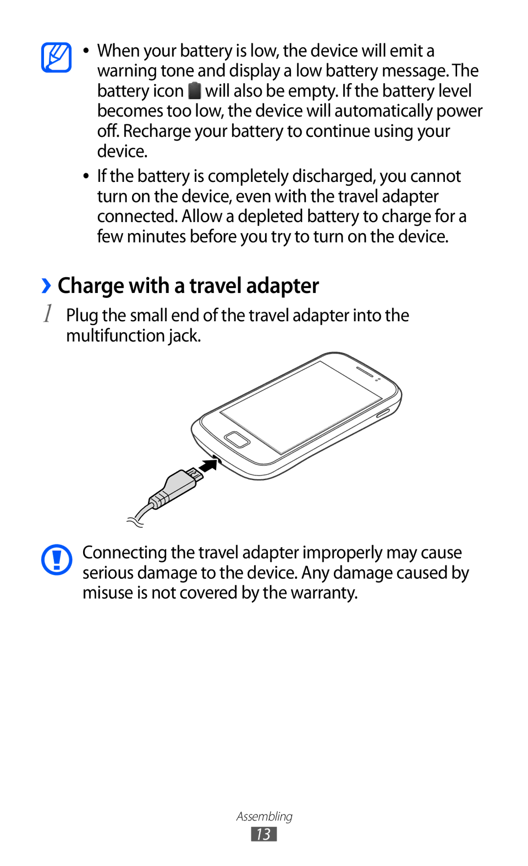 Samsung GT-S6500ZYDTCL, GT-S6500RWDTUR, GT-S6500HADDBT, GT-S6500RWAVGR, GT-S6500ZYDTMN manual ››Charge with a travel adapter 