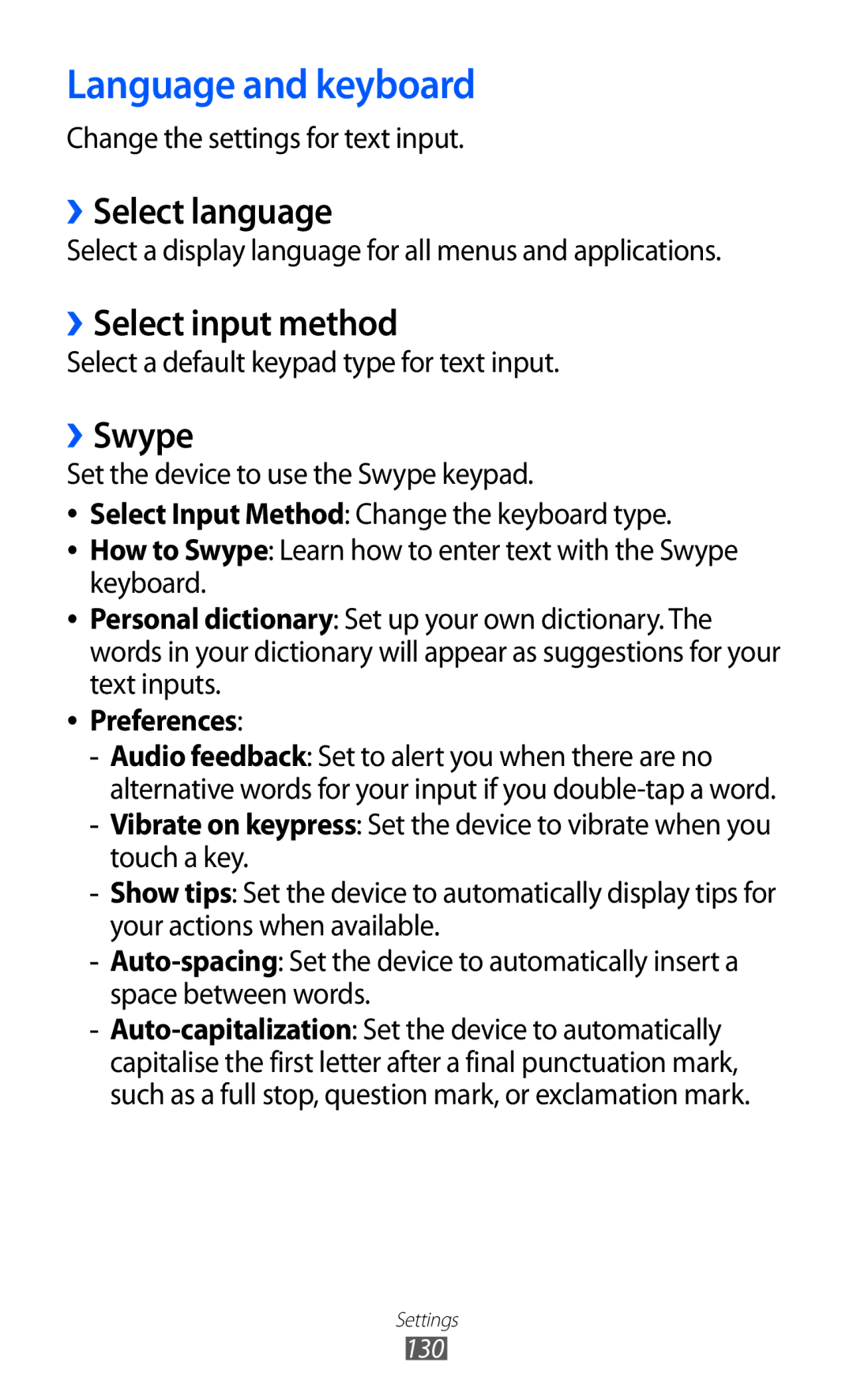 Samsung GT-S6500ZYDMEO manual Language and keyboard, ››Select language, ››Select input method, ››Swype, Preferences 