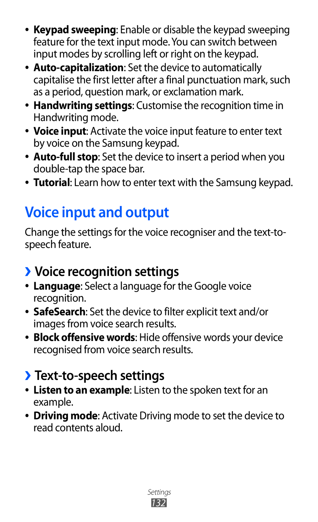 Samsung GT-S6500ZYDXEO, GT-S6500RWDTUR Voice input and output, ››Voice recognition settings, ››Text-to-speech settings 