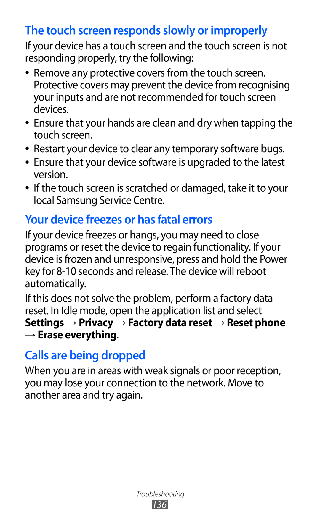 Samsung GT-S6500XKAEPL, GT-S6500RWDTUR, GT-S6500HADDBT manual Touch screen responds slowly or improperly, → Erase everything 