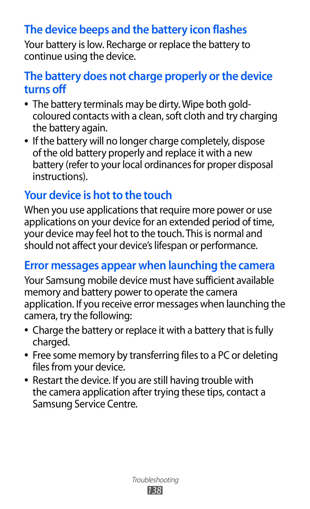 Samsung GT-S6500ZYAVD2, GT-S6500RWDTUR, GT-S6500HADDBT, GT-S6500RWAVGR manual Device beeps and the battery icon flashes 