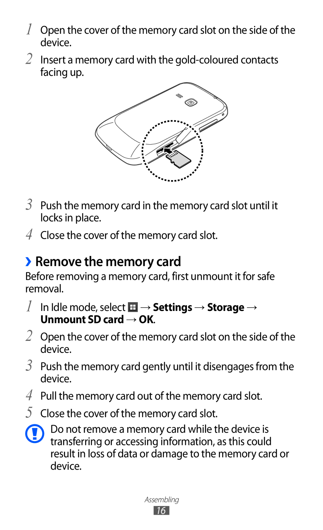 Samsung GT-S6500ZYDXEO, GT-S6500RWDTUR, GT-S6500HADDBT, GT-S6500RWAVGR, GT-S6500ZYDTMN manual ››Remove the memory card 