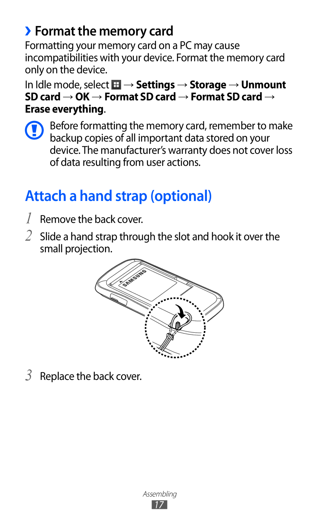 Samsung GT-S6500ZYDTUR, GT-S6500RWDTUR, GT-S6500HADDBT manual Attach a hand strap optional, ››Format the memory card 
