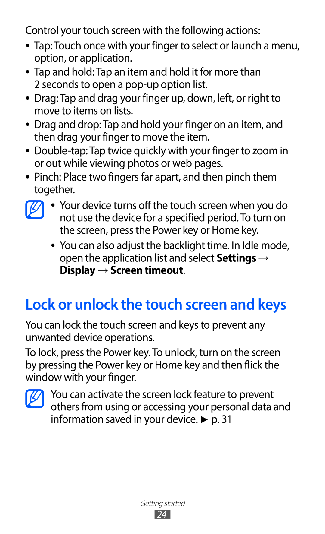 Samsung GT-S6500XKSNRJ, GT-S6500RWDTUR, GT-S6500HADDBT, GT-S6500RWAVGR manual Lock or unlock the touch screen and keys 