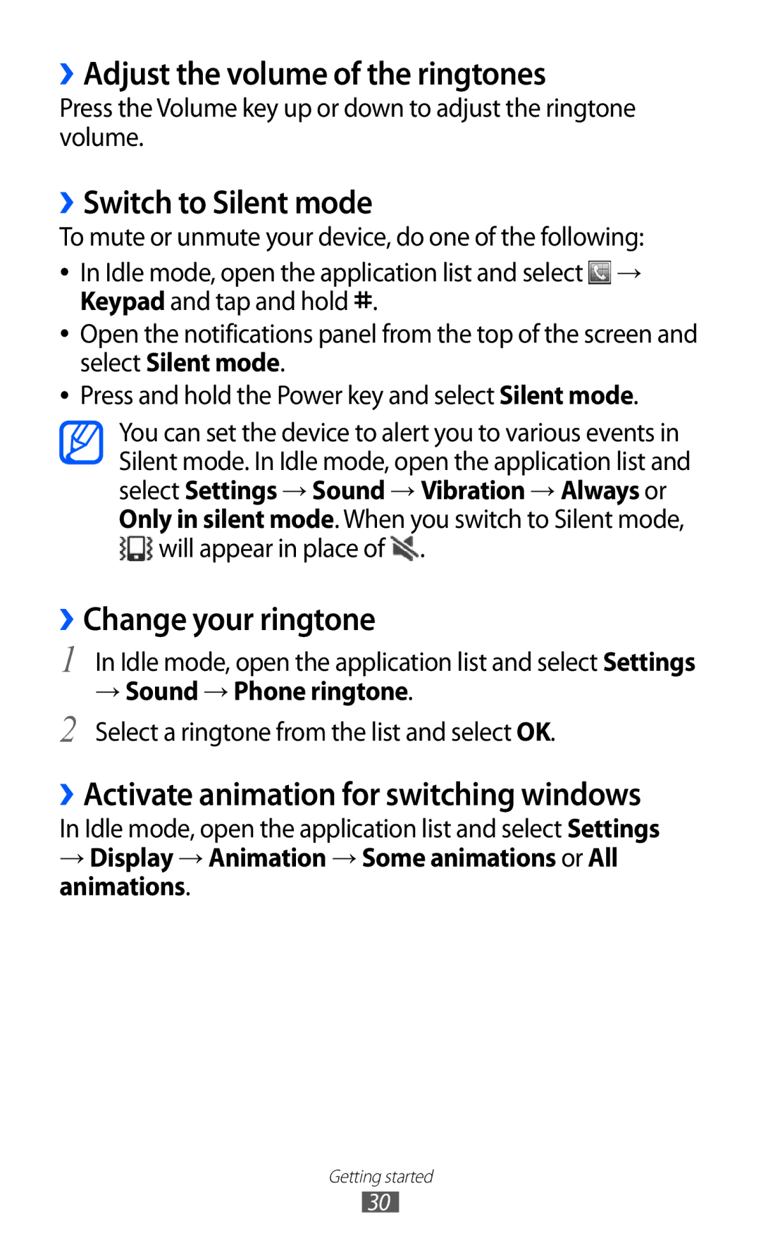 Samsung GT-S6500ZYASFR manual ››Adjust the volume of the ringtones, ››Switch to Silent mode, ››Change your ringtone 