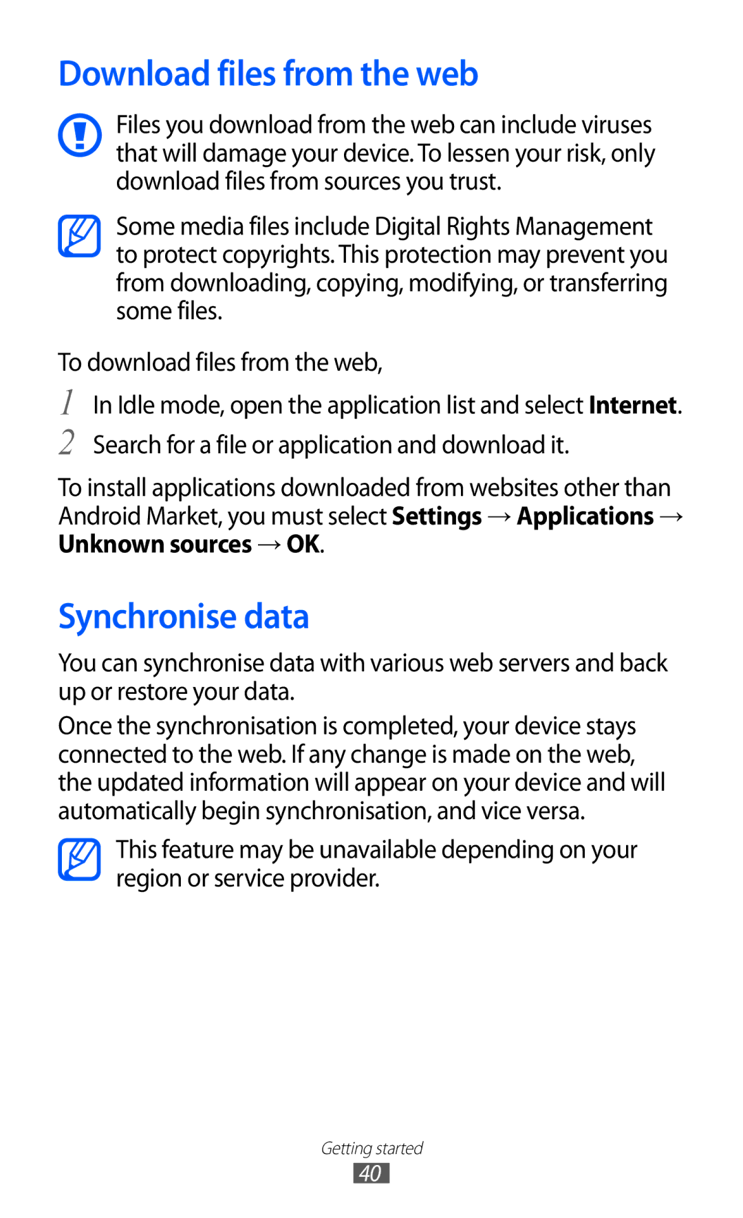 Samsung GT-S6500ZYDOMN, GT-S6500RWDTUR, GT-S6500HADDBT, GT-S6500RWAVGR manual Download files from the web, Synchronise data 