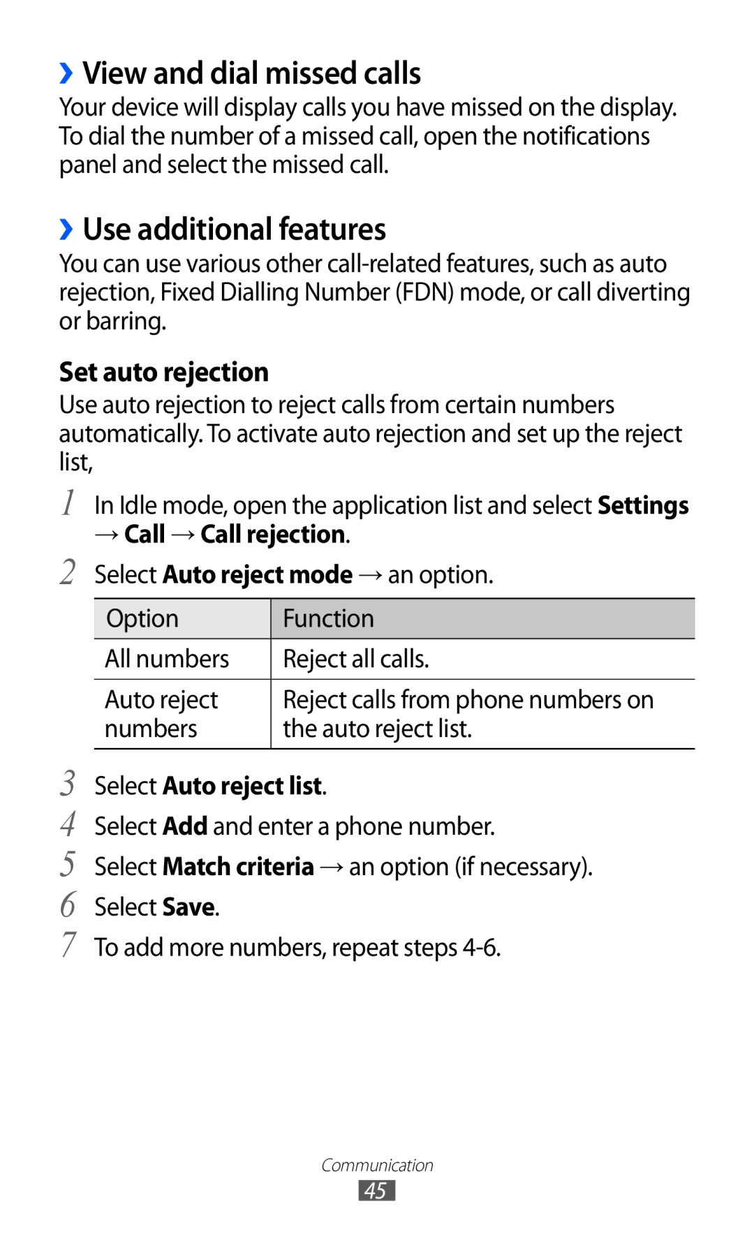 Samsung GT-S6500XKAWIN, GT-S6500RWDTUR ››View and dial missed calls, ››Use additional features, → Call → Call rejection 