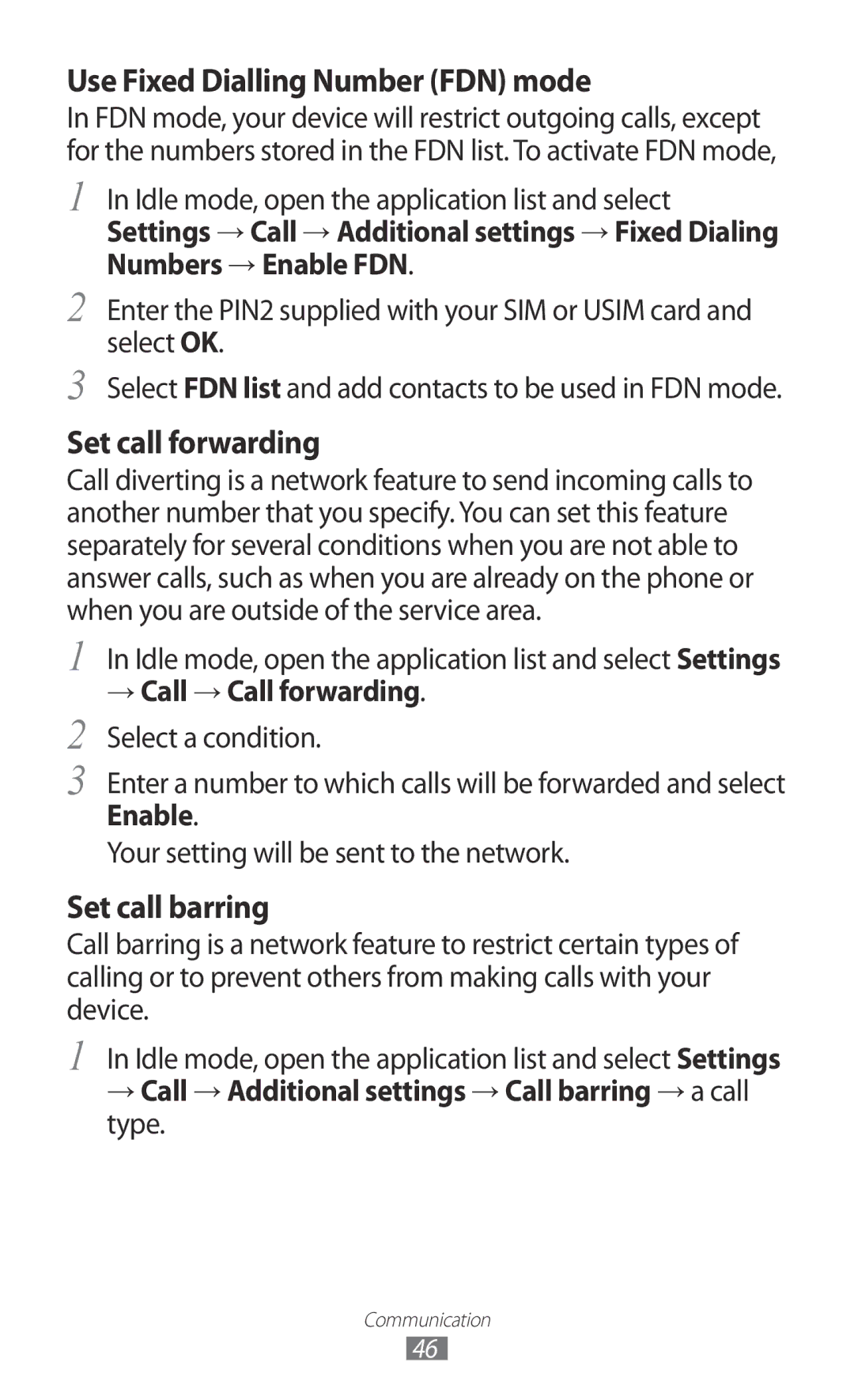 Samsung GT-S6500ZYDTIM manual Use Fixed Dialling Number FDN mode, → Call → Additional settings → Call barring → a call type 