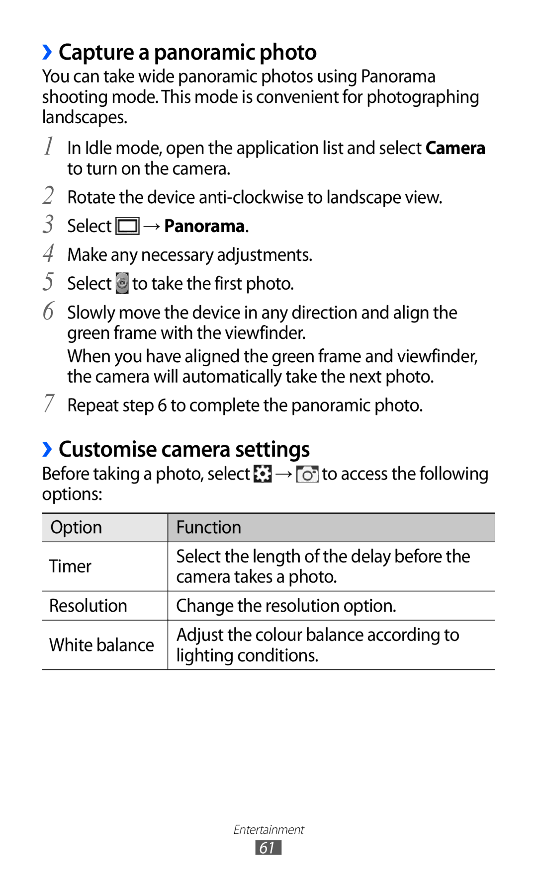 Samsung GT-S6500RWDXEC, GT-S6500RWDTUR, GT-S6500HADDBT manual ››Capture a panoramic photo, ››Customise camera settings 