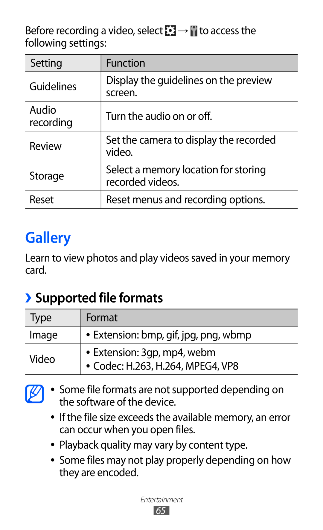 Samsung GT-S6500RWDTPH, GT-S6500RWDTUR, GT-S6500HADDBT, GT-S6500RWAVGR, GT-S6500ZYDTMN manual Gallery, Supported file formats 