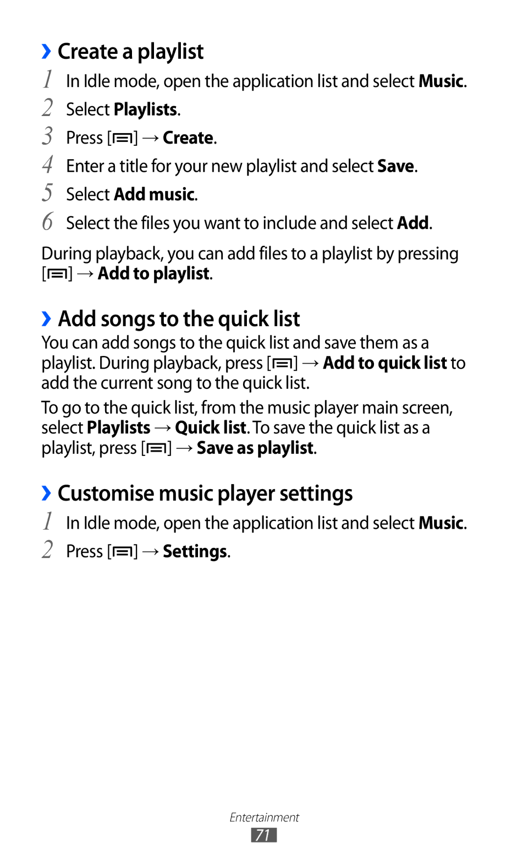 Samsung GT2S6500XKATMZ manual ››Create a playlist, ››Add songs to the quick list, ››Customise music player settings 