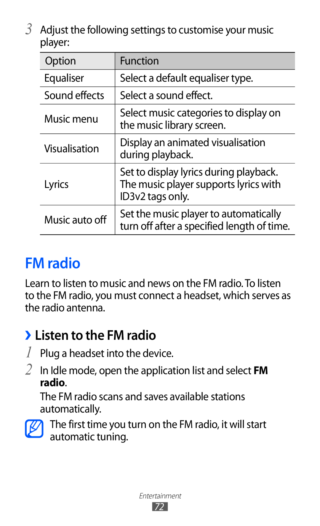 Samsung GT-S6500XKAXEZ, GT-S6500RWDTUR, GT-S6500HADDBT, GT-S6500RWAVGR, GT-S6500ZYDTMN manual ››Listen to the FM radio 