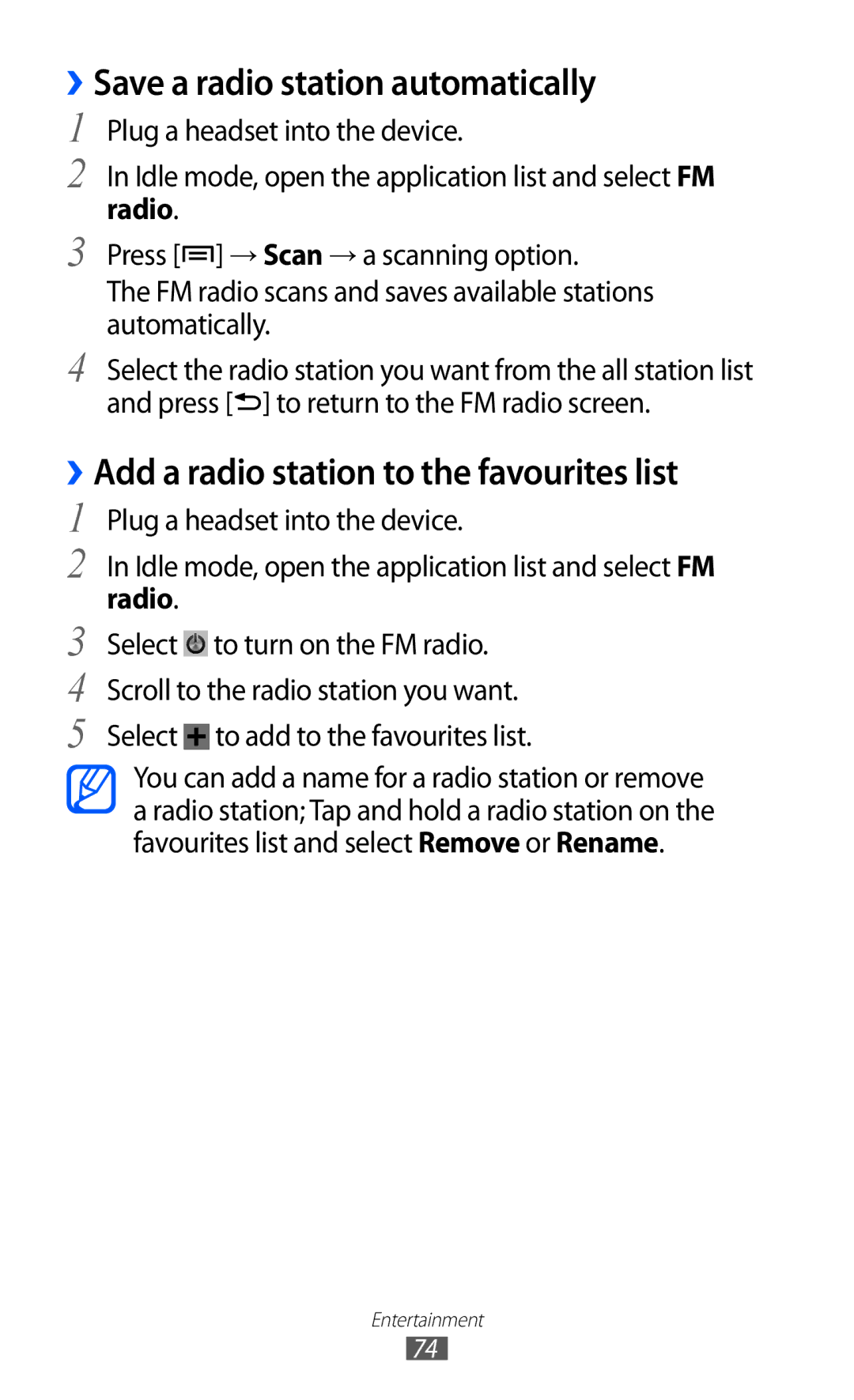 Samsung GT2S6500XKAXEZ manual ››Save a radio station automatically, ››Add a radio station to the favourites list, Radio 