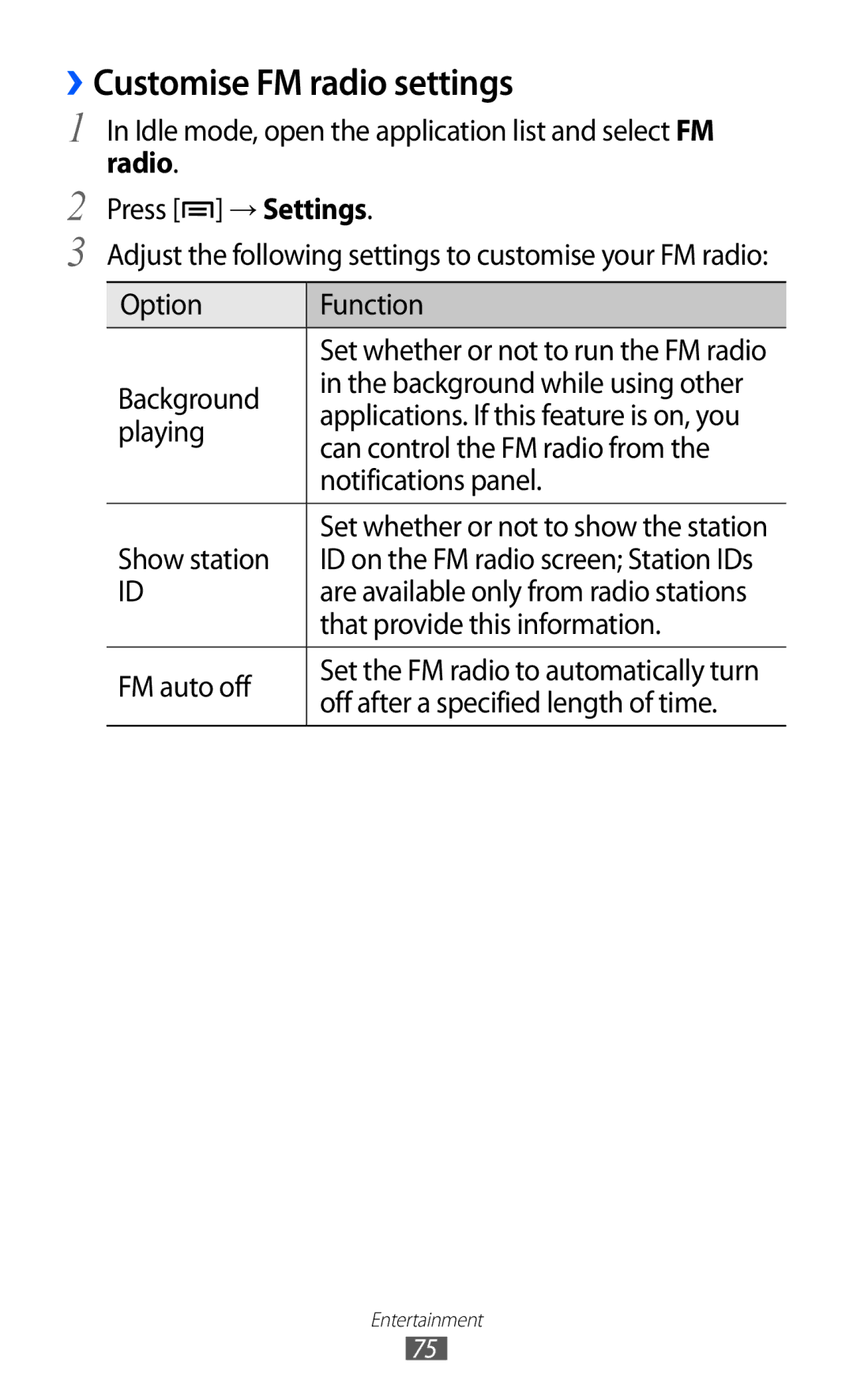 Samsung GT2S6500HAATMZ, GT-S6500RWDTUR, GT-S6500HADDBT, GT-S6500RWAVGR manual ››Customise FM radio settings, Show station 