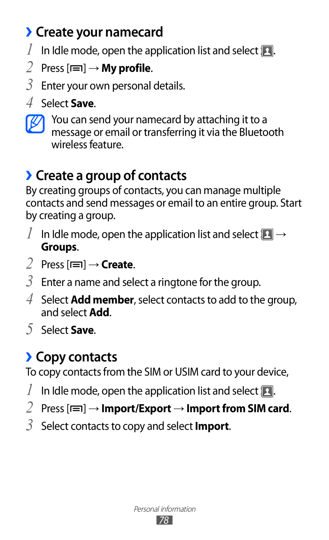 Samsung GT-S6500RWAVDC, GT-S6500RWDTUR manual ››Create your namecard, ››Create a group of contacts, ››Copy contacts 