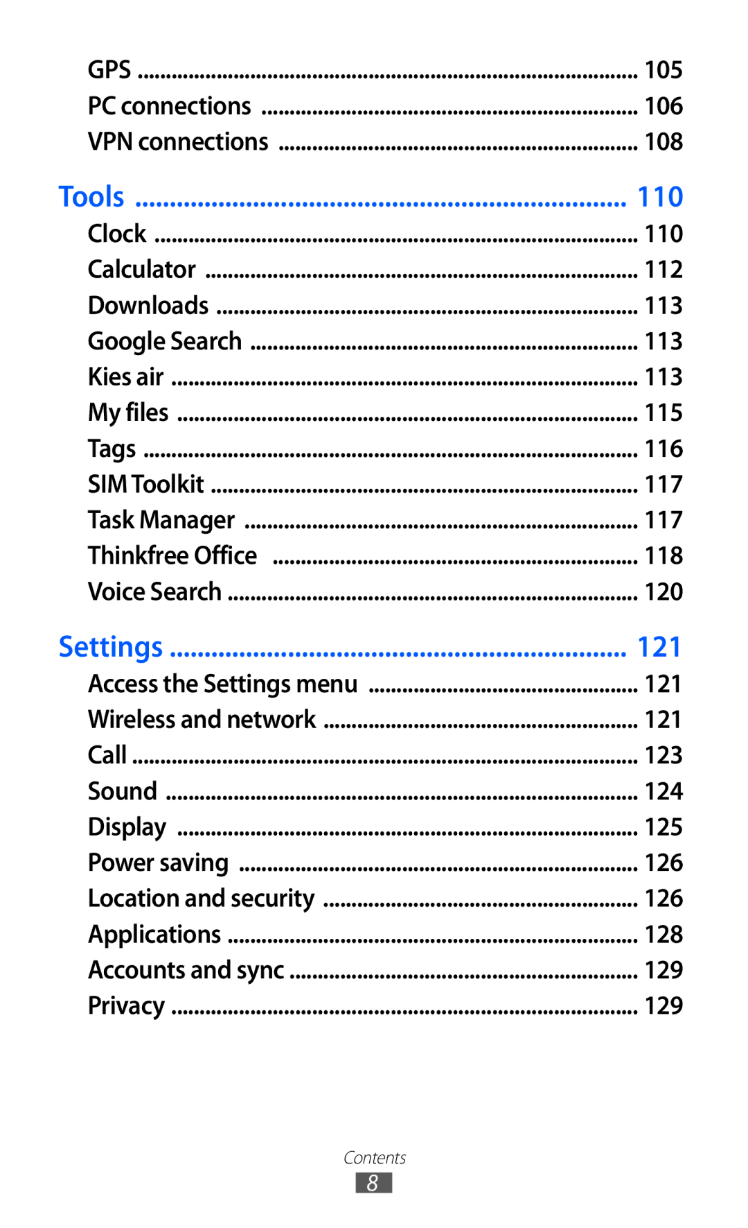 Samsung GT-S6500RWAITV manual 105, 106, 108, 110, 112, 113, 115, 116, 117, 118, 120, 121, 123, 124, 125, 126, 128, 129 