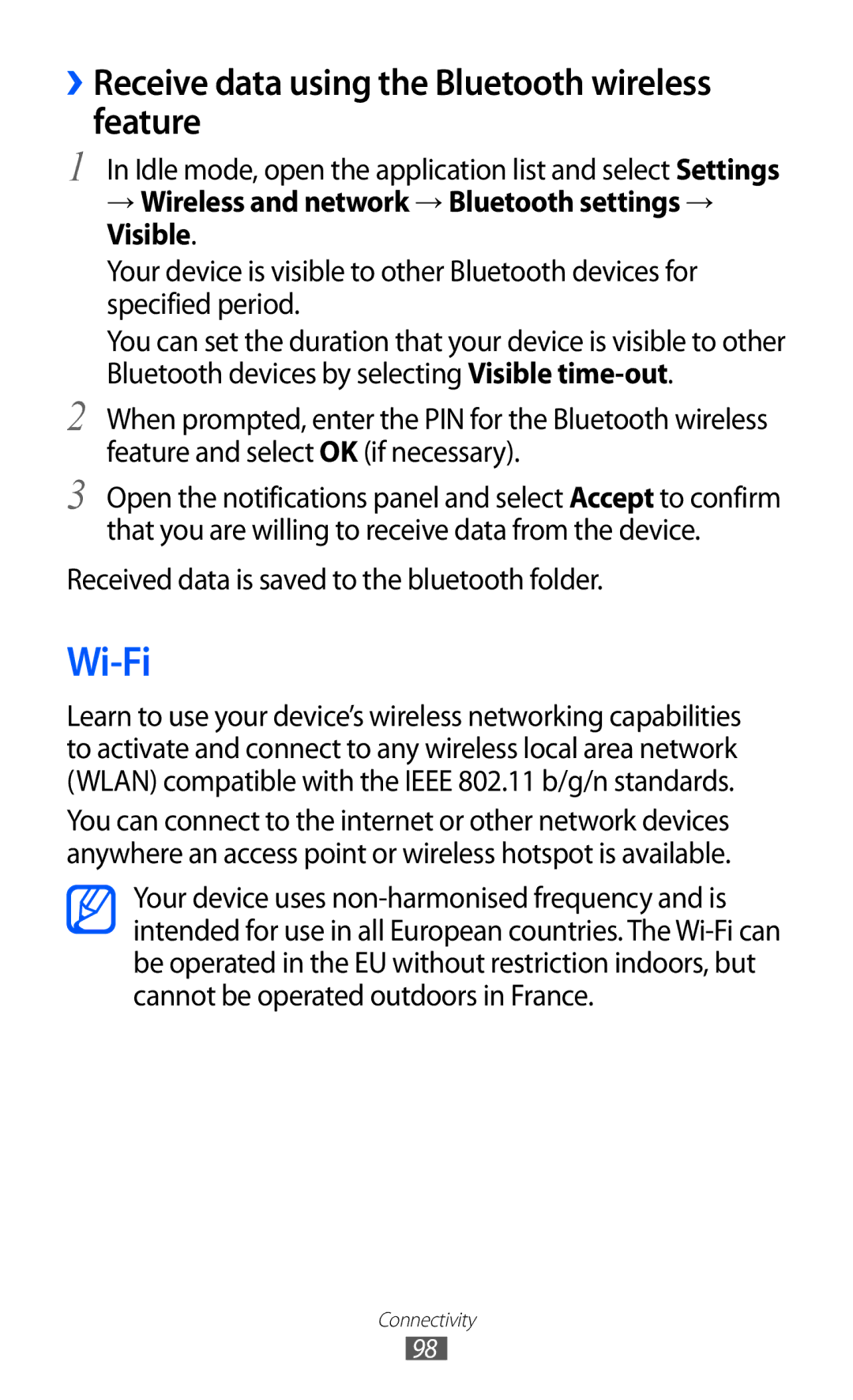 Samsung GT2S6500ZYAXEZ, GT-S6500RWDTUR, GT-S6500HADDBT manual Wi-Fi, ››Receive data using the Bluetooth wireless feature 