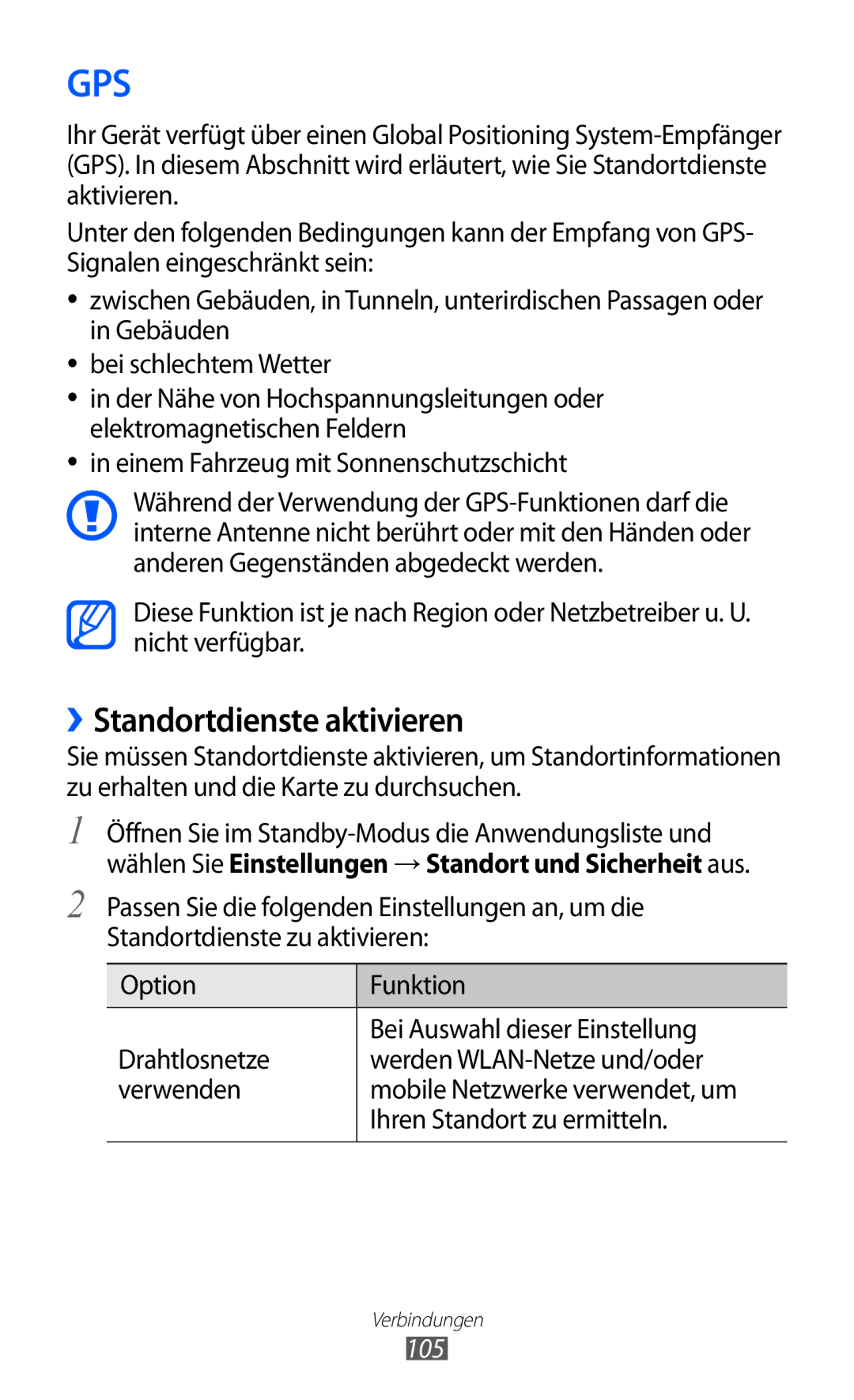 Samsung GT-S6500ZYDMEO, GT-S6500RWDTUR, GT-S6500HADDBT, GT-S6500RWAVGR, GT-S6500ZYDTMN manual ››Standortdienste aktivieren, 105 