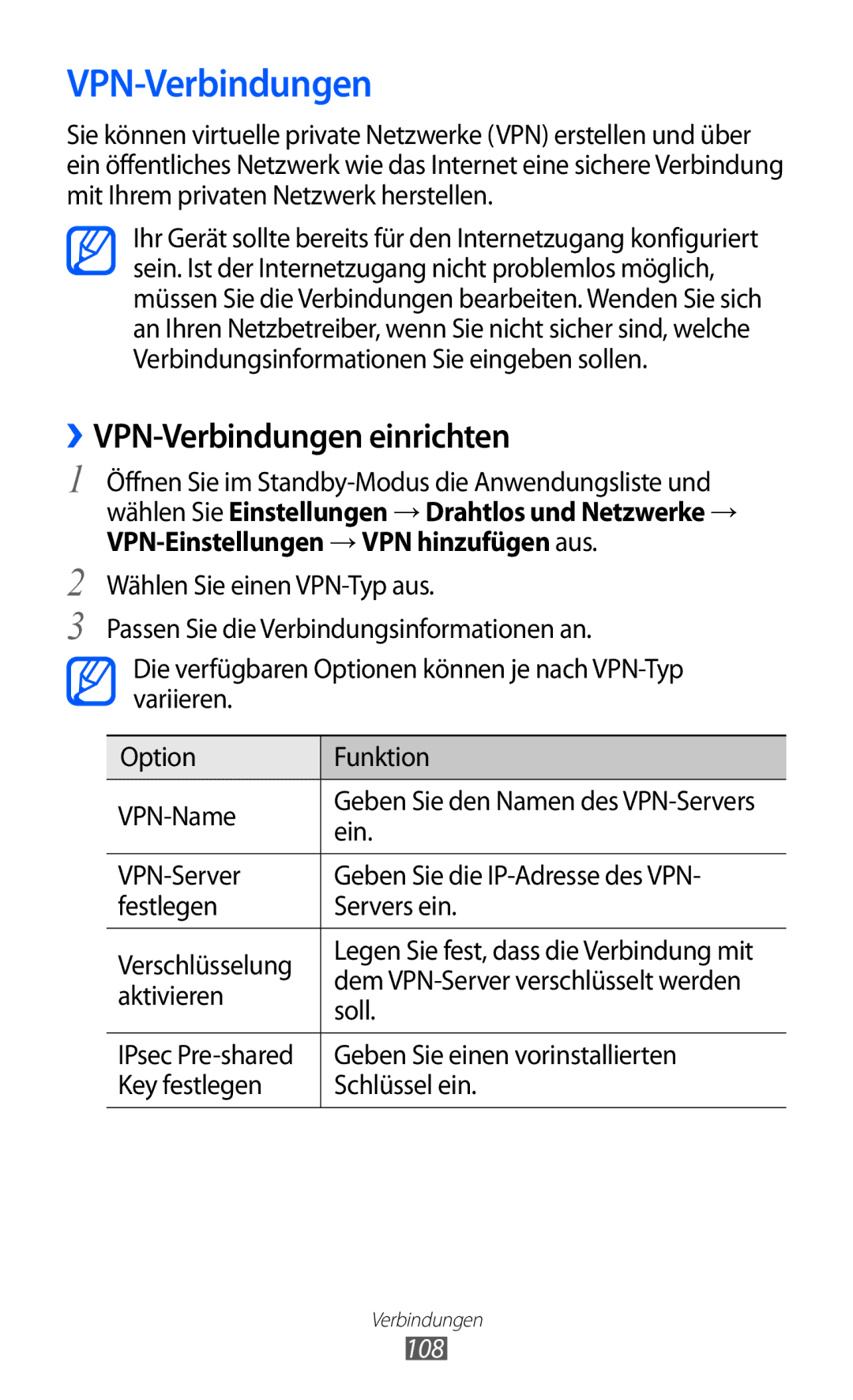 Samsung GT-S6500ZYDTUR, GT-S6500RWDTUR, GT-S6500HADDBT, GT-S6500RWAVGR, GT-S6500ZYDTMN ››VPN-Verbindungen einrichten, 108 