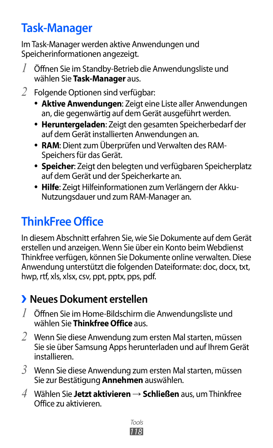 Samsung GT-S6500XKAVGR Task-Manager, ThinkFree Office, ››Neues Dokument erstellen, Folgende Optionen sind verfügbar, 118 