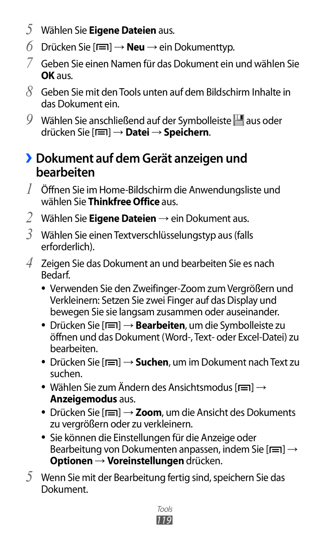 Samsung GT-S6500XKAATO, GT-S6500RWDTUR, GT-S6500HADDBT, GT-S6500RWAVGR ››Dokument auf dem Gerät anzeigen und bearbeiten, 119 