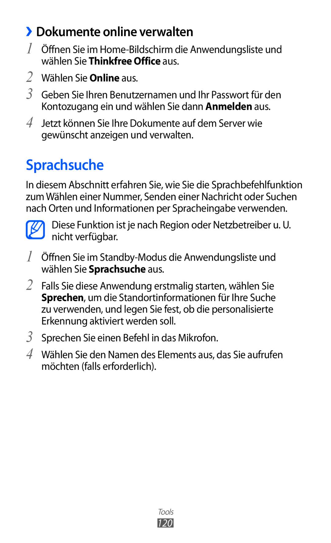 Samsung GT-S6500RWDTMN, GT-S6500RWDTUR manual Sprachsuche, ››Dokumente online verwalten, Wählen Sie Online aus, 120 